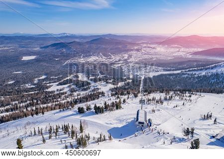 Sheregesh Ski Lift Resort Winter, Landscape Mountain And Hotels, Aerial Top View Russia Kemerovo Reg