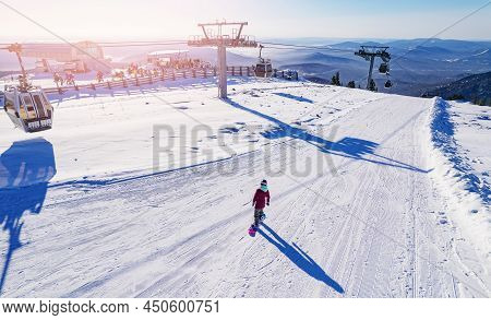 Sheregesh Ski Lift Resort Winter, Landscape Mountain And Hotels, Aerial Top View Russia Kemerovo Reg