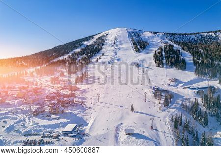 Sheregesh Ski Lift Resort Winter, Landscape Mountain And Hotels, Aerial Top View Russia Kemerovo Reg