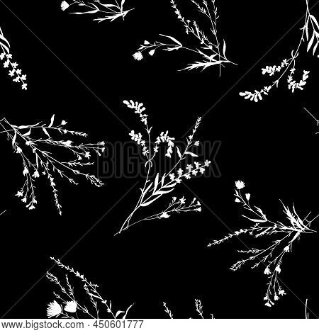 Monochrome Vector Texture. Silhouettes Blossom Floral Seamless Pattern. Hand Drawn Wild Flowers On B