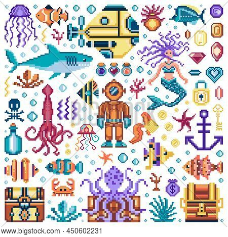 Pixel Underwater World Retro Game Sprites Set