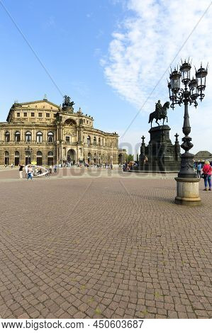 Dresden, Germany - September 23, 2020 : Semperoper, Famous Opera House And Equestrian Statue Of King