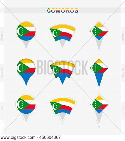 Comoros Flag, Set Of Location Pin Icons Of Comoros Flag. Vector Illustration Of National Symbols.