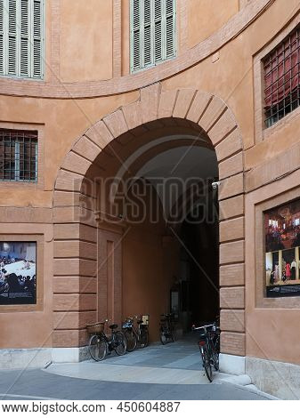 Ferrara, Italy - March 6, 2022. Rotonda Foschini, The Archway Leading To The Entrance To The Theater
