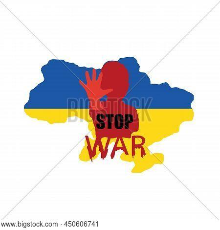 Ukrainian Child Says Stop The War , Vector Illustration, With A Raised Palm Up And The Inscription S