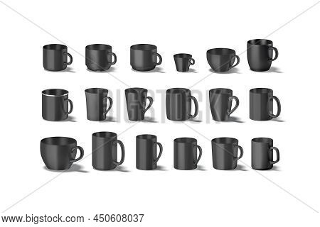 Blank Black Ceramic Mug Mockup, Different Types, Side View, 3d Rendering. Empty Matte Bistro, Dinera