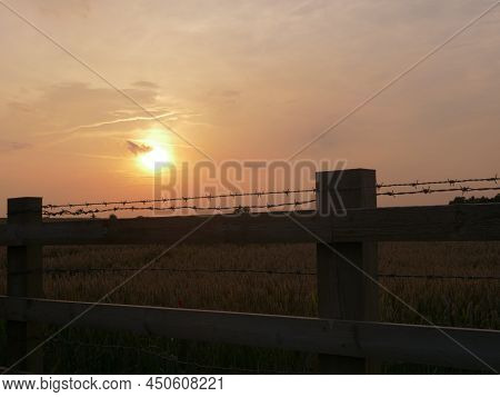 Sunset Background And Barbed Wire Fence Silhouette