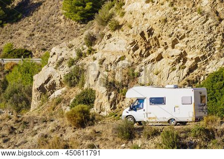 Caravan On Spanish Coast, Seaside Cliffs Of Maro Cerro Gordo. Costa Del Sol, Andalusia Spain. Vacati