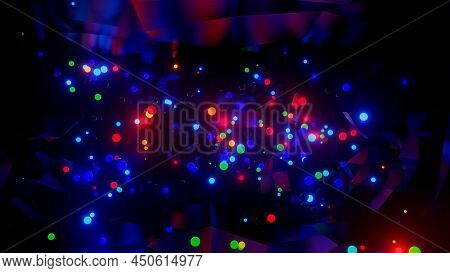 3d Render. 3d Abstract Creative Background With Neon Glow Multi-colored Spheres Inside Camera, Refle
