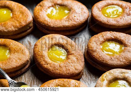 Easter Egg Shaped Cookies Pattern. Easter Cookies With Lemon Curd. Traditional Easter Dessert. Cooki