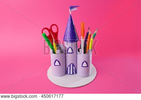 Castle Toilet Paper Roll Craft Concept For Kid And Kindergarten, How To Make Pencil Holder, Step By 