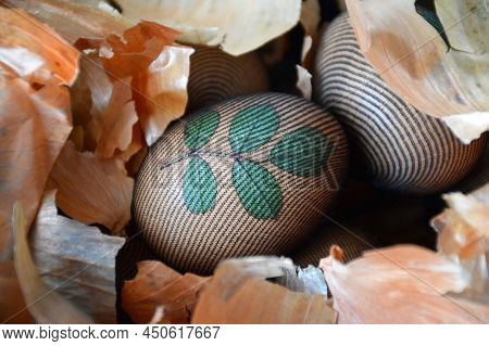 Easter Egg Decorated With Leaf And Prepared For Natural Dyeing With Onion Skins