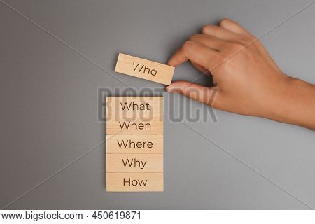 5w1h Who What Where When Why How, Hand Holding Wooden Block Showing Analysis Problem Solving Techniq