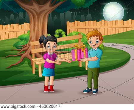 Cartoon Happy Boy Giving A Gift To His Girlfriend