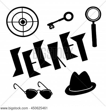 Word Secret And Set Of Detective, Spy, Mafia Items.