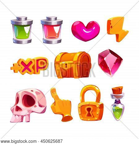 Game Icons With Heart, Gem, Lightning, Batteries, Gold Treasure Chest And Skull. Vector Cartoon Set 