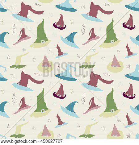 Pattern With Colorful Witch's Hats With Ribbons And Buckles In Handdrawn Style On Light Green Backgr