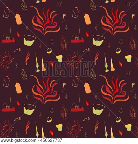 Seamless Colorful Handdrawn Vector Pattern Of Candles And Flames On Burgundy Background.