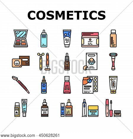 Cosmetics For Visage Skin Treat Icons Set Vector. Eyeshadow Palette And Face Oil, Solid Shampoo And 