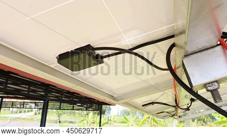 Solar Junction Box. Blocking Diode Or Solar Module On The Bottom Of A Mono Solar Panel In A Smart Fa