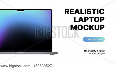 Realistic Laptop With Blue Gradient Screen. Download Notebook Mockup With White Background For Marke