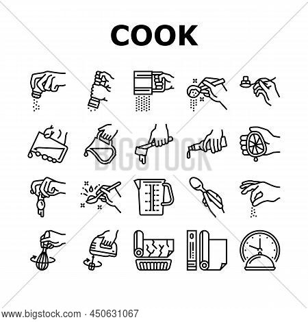 Cook Instruction For Prepare Meal Icons Set Vector. Butter And Milk Add, Salt And Pepper Flavoring, 