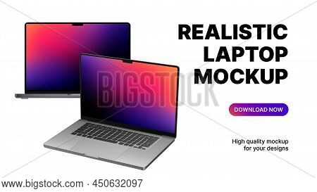 Two Blank Laptops Rotated And Front View. Realistic Device Mockups On White Background. Vector Illus
