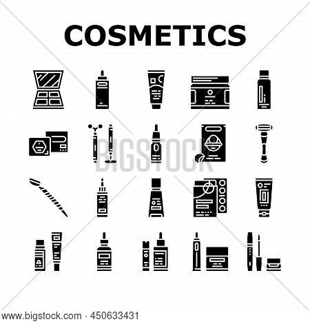 Cosmetics For Visage Skin Treat Icons Set Vector. Eyeshadow Palette And Face Oil, Solid Shampoo And 
