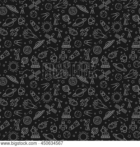 Seamless Pattern On The Theme Of Space And Space Flight, The Light Contour Icons On A Dark Backgroun