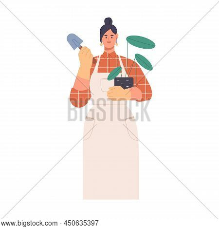 Woman Gardener At Work. Female Portrait With Potted House Plant And Shovel. Professional Botanist In