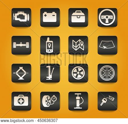 Car Shop Symbols On Black Buttons On Yellow Background