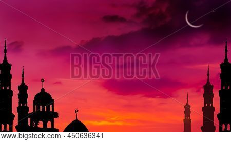 Ramadan, Eid Ai-fitr,new Year Muharram Islamic Religion Symbols With Mosques Dome, Crescent Moon Sil