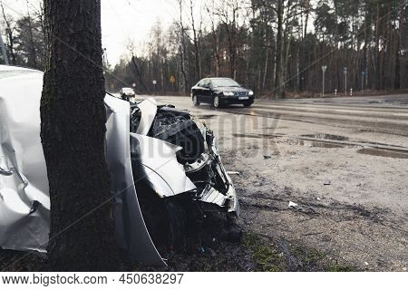 Bygone Abandoned Accident Wreck Car On The Sides Of Woods . High Quality Photo