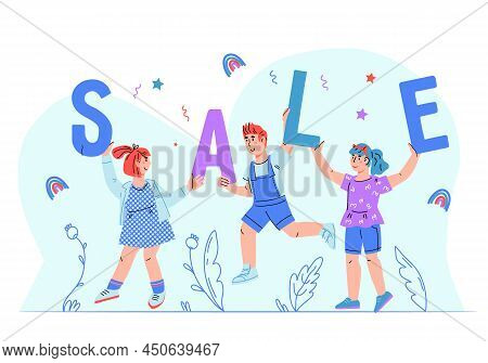 Banner Design For Children Sale Event. Happy Smiling And Jumping Kids Holding Sale Word, Cartoon Vec