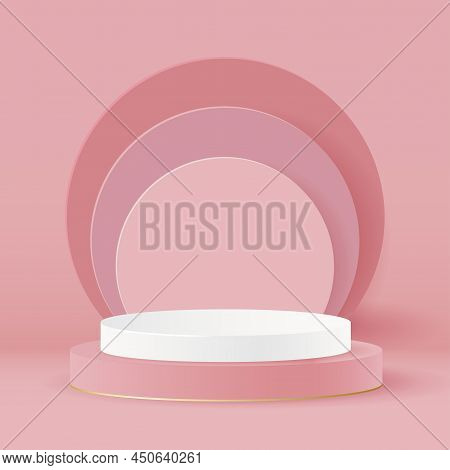 Minimalistic Stage With A Round Podium. A Cylindrical Podium Against A Background Of Soft Postel Ton