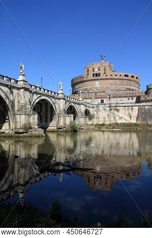 Saint Angel Bridge And Saint Angel Castle In Rome, Italy. Landmark Of Rome. The Tiber River.