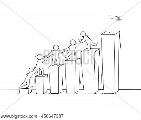 Sketch Of Graph With Working Little People. Doodle Cute Miniature Of Diagram And Teamwork. Hand Draw
