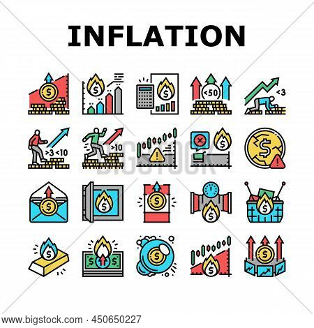 Inflation Financial World Problem Icons Set Vector. Core And Rate Inflation, Stagflation Online Mark
