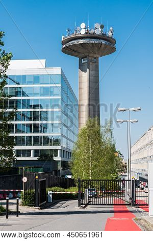 Schaerbeek, Brussels Capital, Belgium, 04 20 2019 - Satelite Tower Of The National Broadcasting Comp