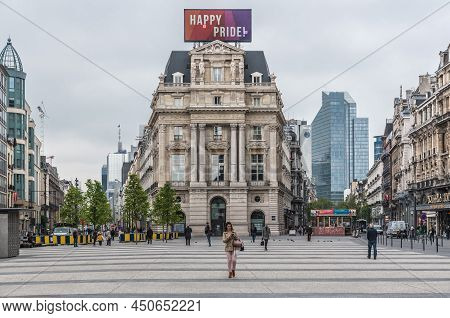 Brussels Old Town - Belgium - 05 17 2019 - People Walking Over The Renovated Pedestrian Square De Br