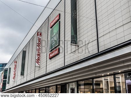 Brussels Old Town - Belgium - 05 17 2019 - Diagonal Facade Of The Mediamarkt And Inno Shopping Mall 