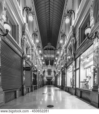 Brussels Old Town - Belgium - 05 22 2019 - The Deserted Passage Du Nord - Noorddoorgang, An Upscale 