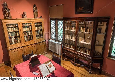 Anderlecht, Brussels - Belgium - 06 26 2019  Cupboars With Old Books In Latin About Humanism At The 