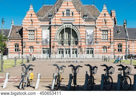 Schaerbeek, Brussels  Belgium - 06 29 2019 Facade Of The Train Railwaystation In Flemish Neo-renaiss