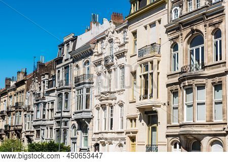 Schaerbeek, Brussels,  Belgium - 06 29 2019 - Facades Of Typical Upper Class Art Nouveau Residential
