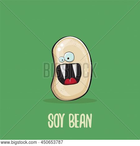 Vector Funny Cartoon Cute Soybean Character Isolated On Green Background. Japan Kawaii Soy Food Funk