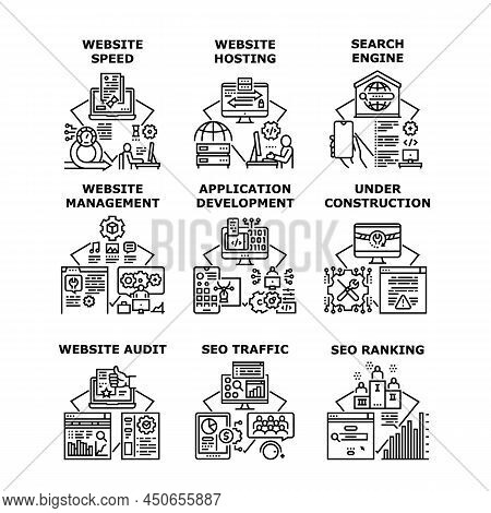 Website Hosting Set Icons Vector Illustrations. Website Hosting Speed And Management, Audit And Host