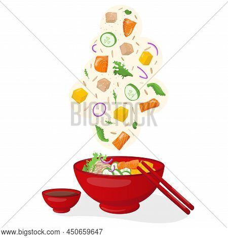 Flying Salmon Poke Bowl Illustration Hawaiian Cuisine With Sauce Boat And Chopsticks. Vector Stock I