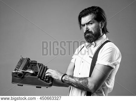 Mature Typist Use Vintage Typewriter. Masculinity And Charisma. Formal Party Dress Code. Old Fashion
