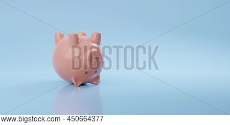 Upside Down Dead Piggy Bank With Copy Space. Bankruptcy Concept. 3d Illustration.